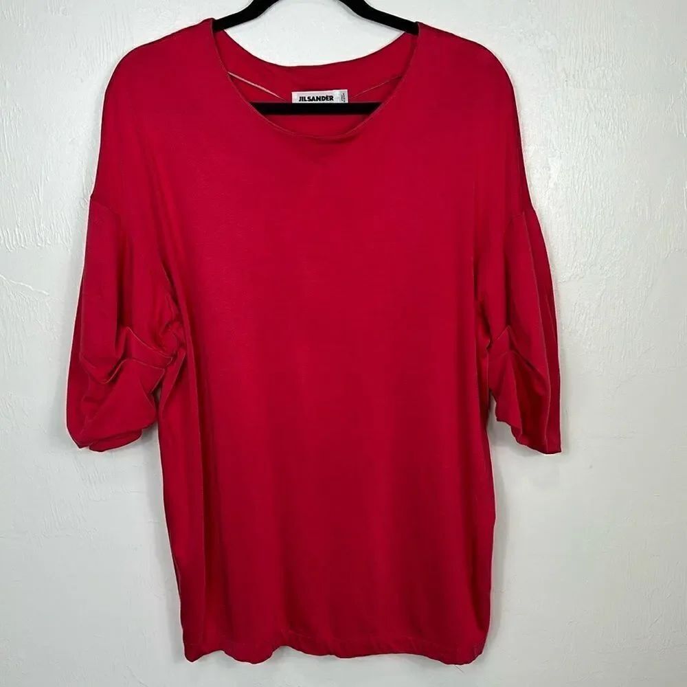 Jil Sander Pink Cotton Blend Gathered Mid Length Sleeve Top Size L
